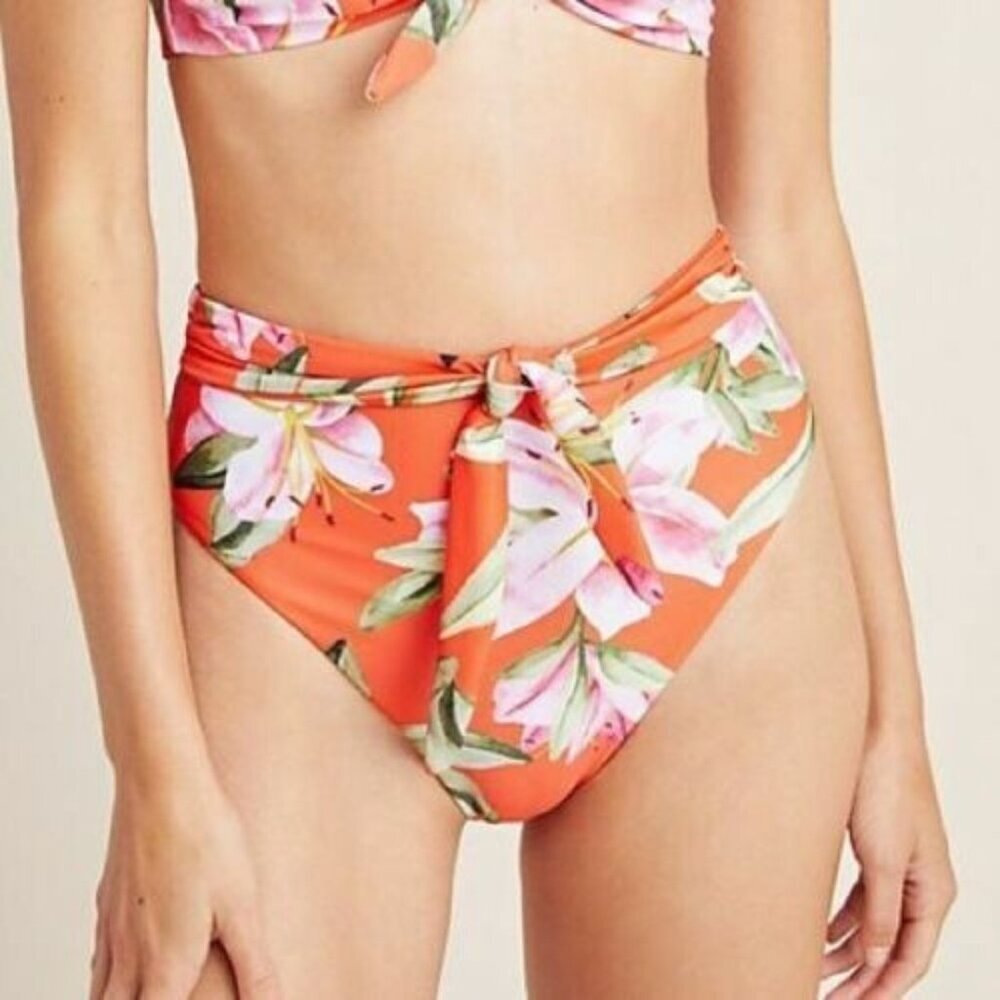 Mara Hoffman Goldie Tie-front Floral Red Bikini High Waist Bottom Size M NWT